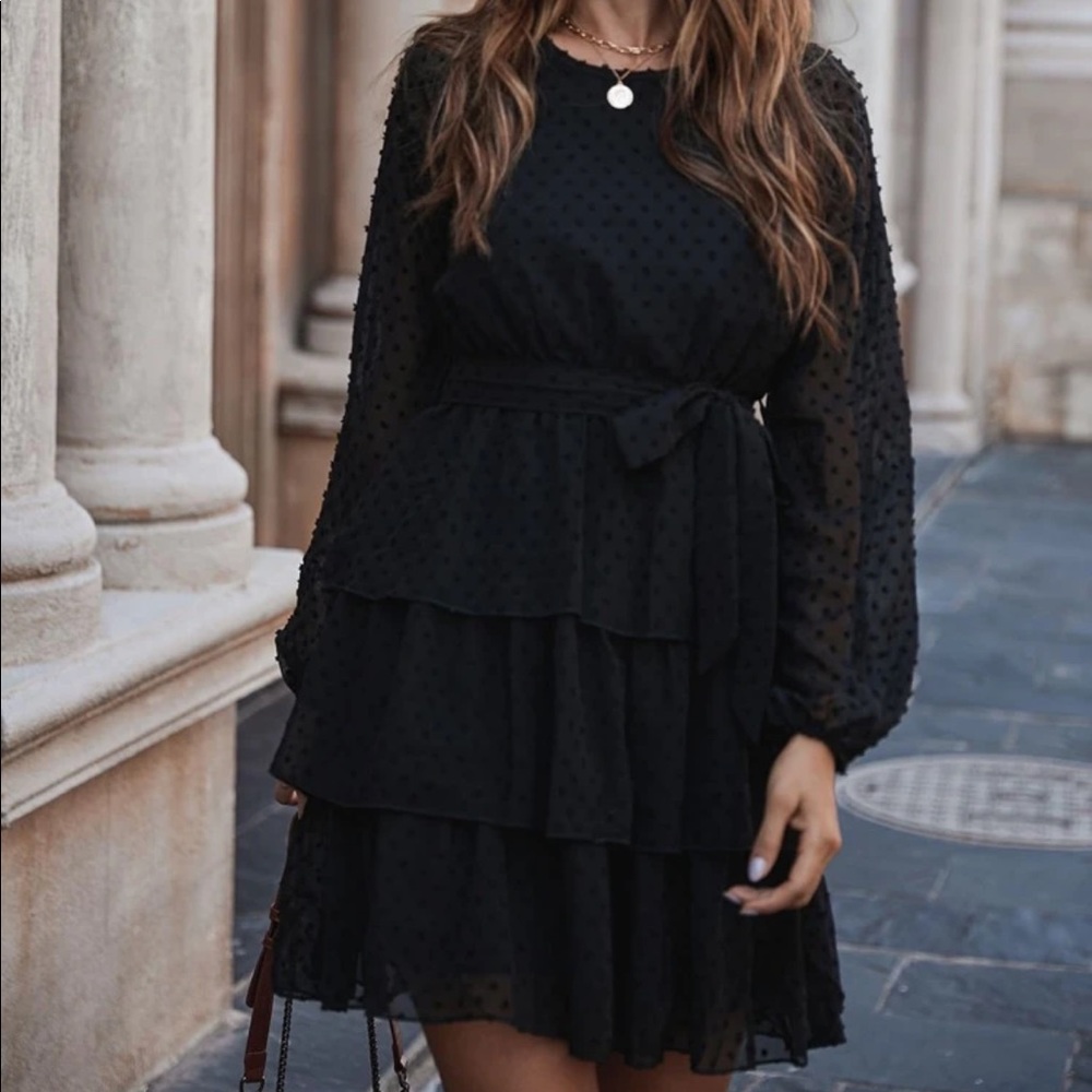 Black Swiss dot ruffle belted mini dress - Picture 3 of 7